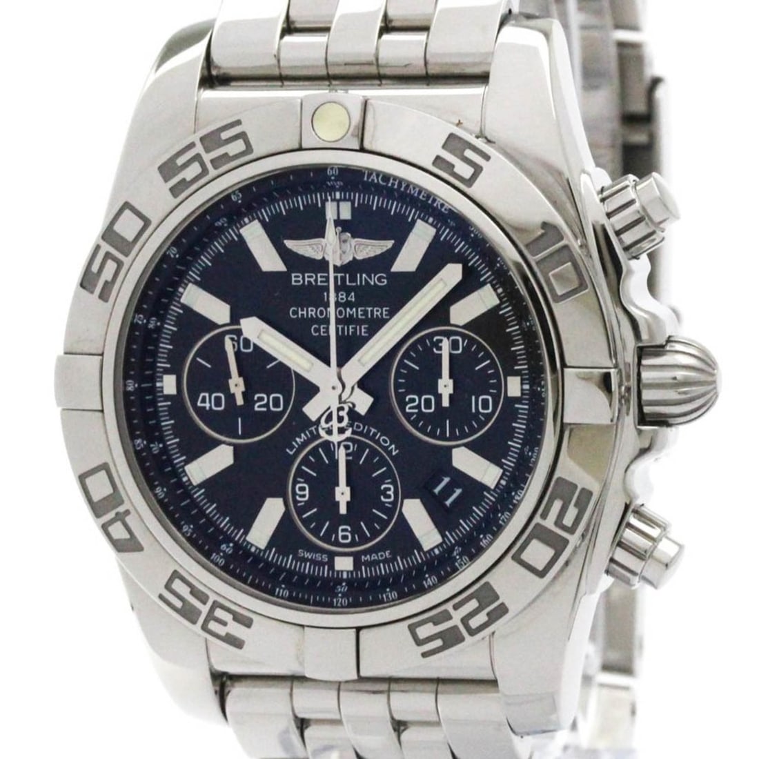 BREITLING Chronomat 44 Japan LTD MOP Steel Mens Watch AB0111 Polished: --- Catalog ---Category: SizeCase Diameter: 44mm / 1.73''Category: DesignType: WristwatchStyle: SportGender: MenColor (Dial): BlackMaterial (Band): Stainless steelMaterial (Case): Stainless steelCateg