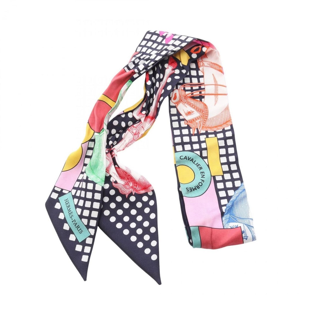 Hermes Hermès Twilly CAVALIER EN FORMES Silk Scarf for Women, Navy Blue Multicolor: --- Catalog ---Category: SizeSize (LxW): 85cm x 5cm / 33.46'' x 1.96''Category: DesignType: ScarfColor: Multi-color, NavyGender: WomenMaterial: Silk Category: GeneralBrand: Hermes--- Item List ---Sect