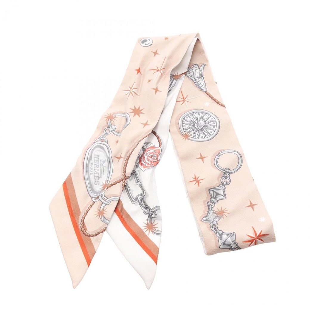Hermes Hermès C'EST LA FETE Twilly Silk Scarf for Women, Beige and White: --- Catalog ---Category: SizeSize (LxW): 85cm x 5cm / 33.46'' x 1.96''Category: DesignType: ScarfColor: Beige, WhiteGender: WomenMaterial: Silk Category: GeneralBrand: Hermes--- Item List ---Section: