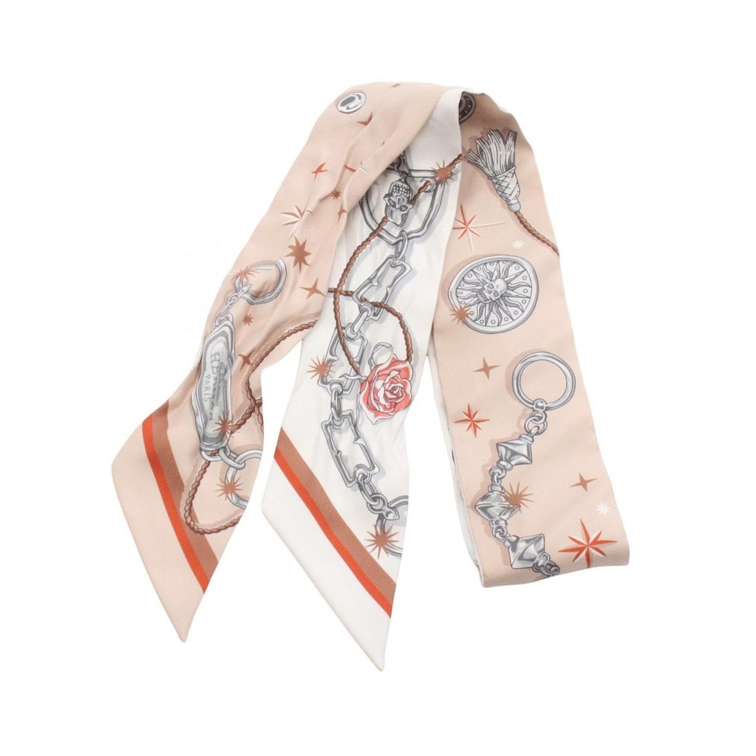 Hermes Hermès C'EST LA FETE Twilly Silk Scarf for Women, Beige and White: --- Catalog ---Category: SizeSize (LxW): 85cm x 5cm / 33.46'' x 1.96''Category: DesignType: ScarfColor: Beige, WhiteGender: WomenMaterial: Silk Category: GeneralBrand: Hermes--- Item List ---Section: