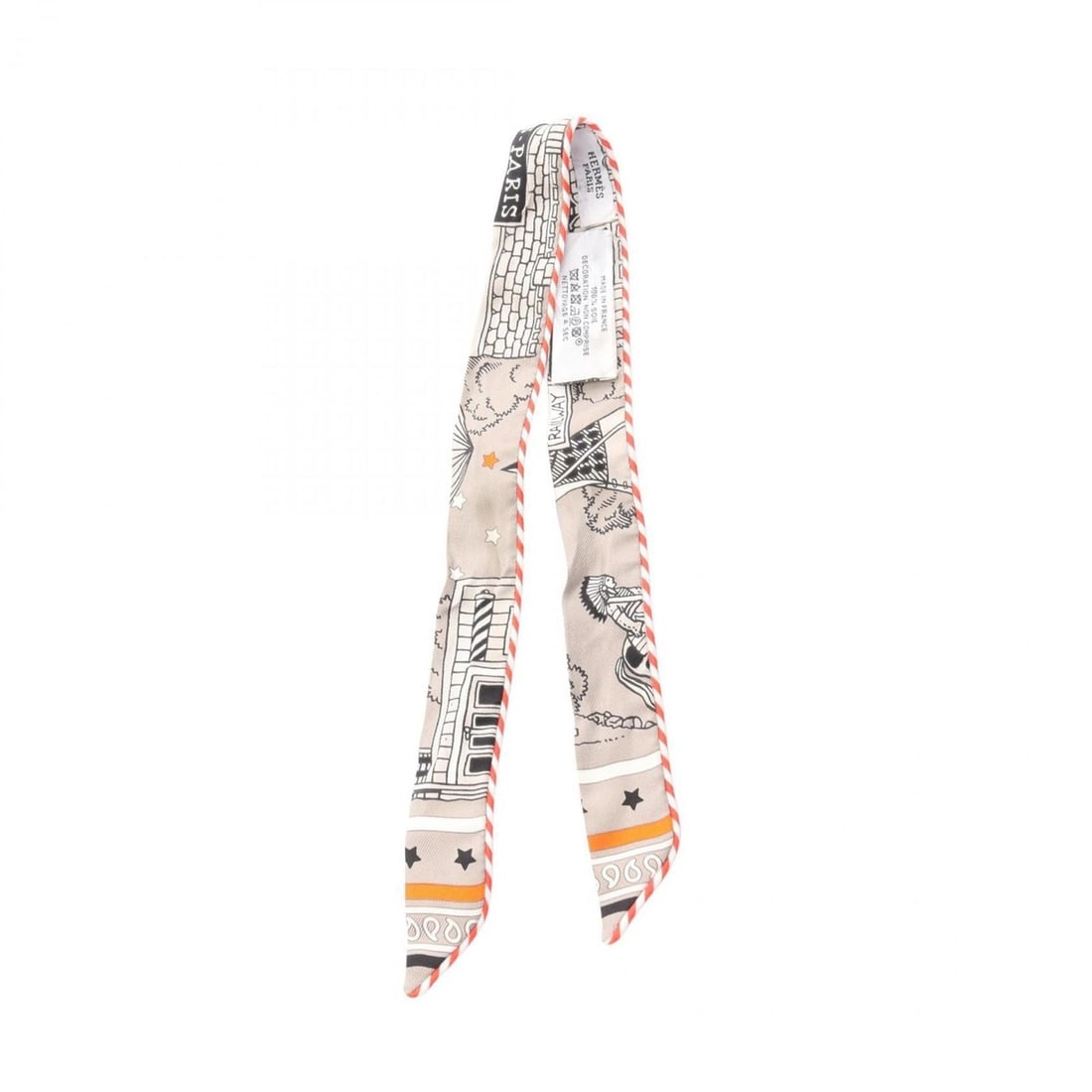 Hermès Twilly Doll Candy HERMES-PARIS STATION Silk Scarf for Women in Beige and Orange: --- Catalog ---Category: SizeSize (LxW): 53cm x 2cm / 20.86'' x 0.78''Category: DesignType: ScarfColor: Beige, OrangeGender: WomenMaterial: Silk Category: GeneralBrand: Hermes--- Item List ---Section:
