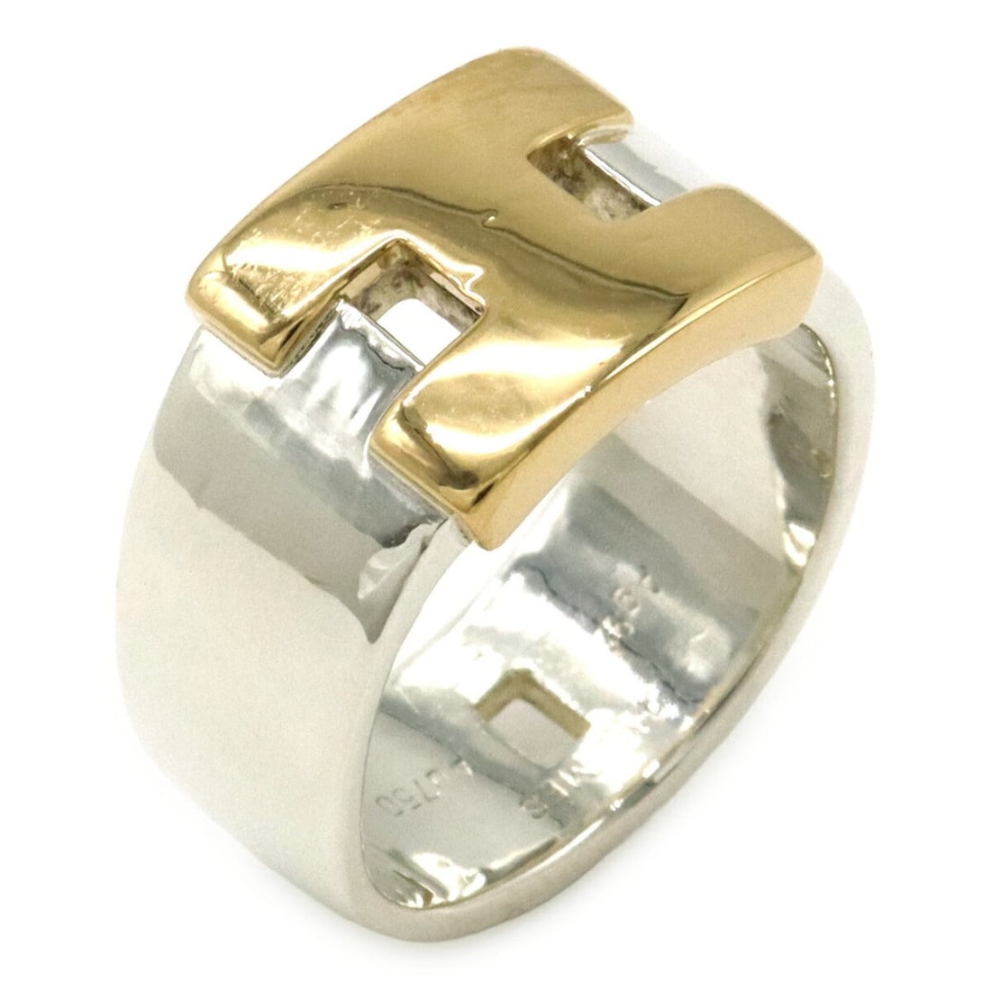 HERMES New Hercules Ring, Combination of Ag925, Au750, Silver, and Yellow Gold, #50, Japanese Size: --- Catalog ---Category: SizeWidth: 6mm / 0.24''US Size: 5.5Brand Size: 50Category: DesignType: Band ringColor: Silver, Yellow goldGender: WomenMaterial: Gold (18K), Sterling silver 925Metal Purity: 1