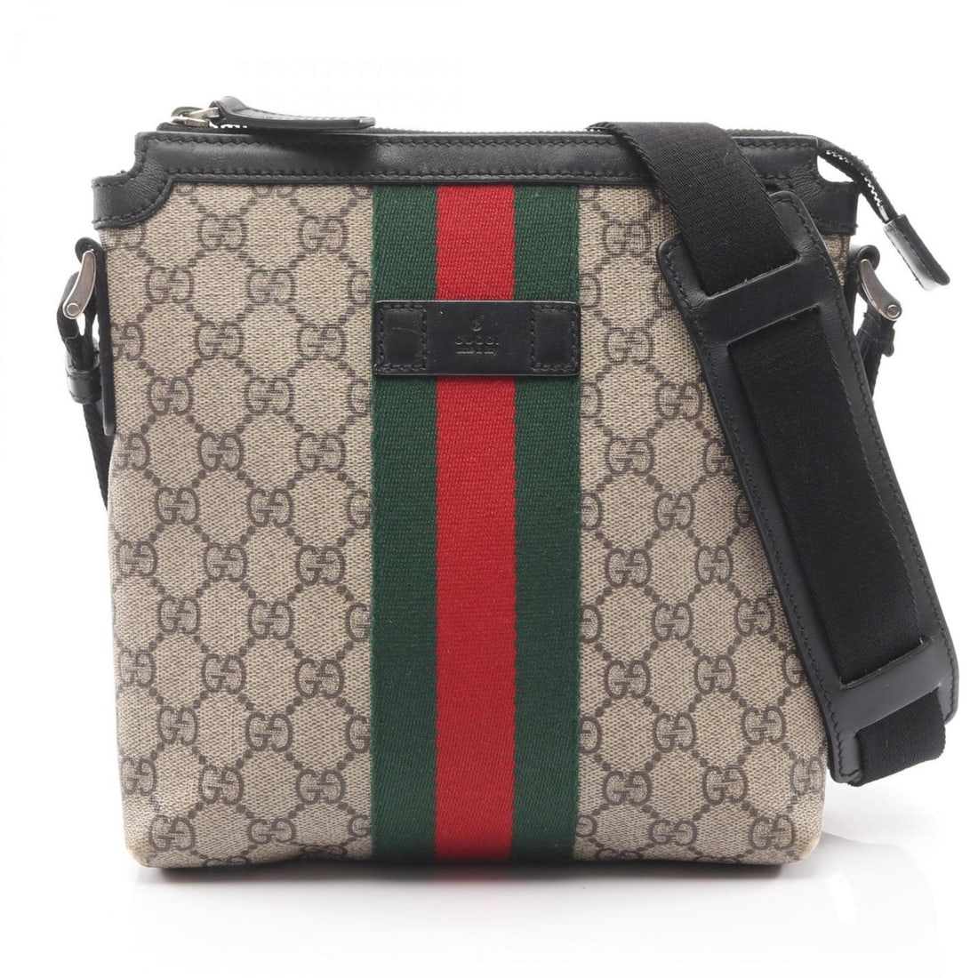 Gucci GG Supreme Web Stripe Flat Messenger Shoulder Bag in Coated Canvas and Leather, Available: --- Catalog ---Category: SizeSize (HxWxD): 22cm x 20cm x 4cm / 8.66'' x 7.87'' x 1.57''Category: DesignType: Shoulder bagColor: Beige, BlackGender: Men,WomenMaterial: PVC , Leather Category: GeneralMP