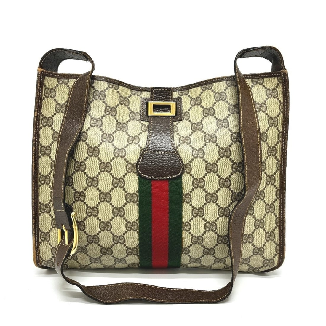 GUCCI Old Gucci GG Plus Webbing Line Crossbody Shoulder Bag in Brown Leather for Women: --- Catalog ---Category: SizeSize (HxWxD): 25cm x 29.5cm x 6cm / 9.84'' x 11.61'' x 2.36''Category: DesignType: Shoulder bagColor: BrownGender: WomenMaterial: PVC , Leather Hardware Color: GoldCategor