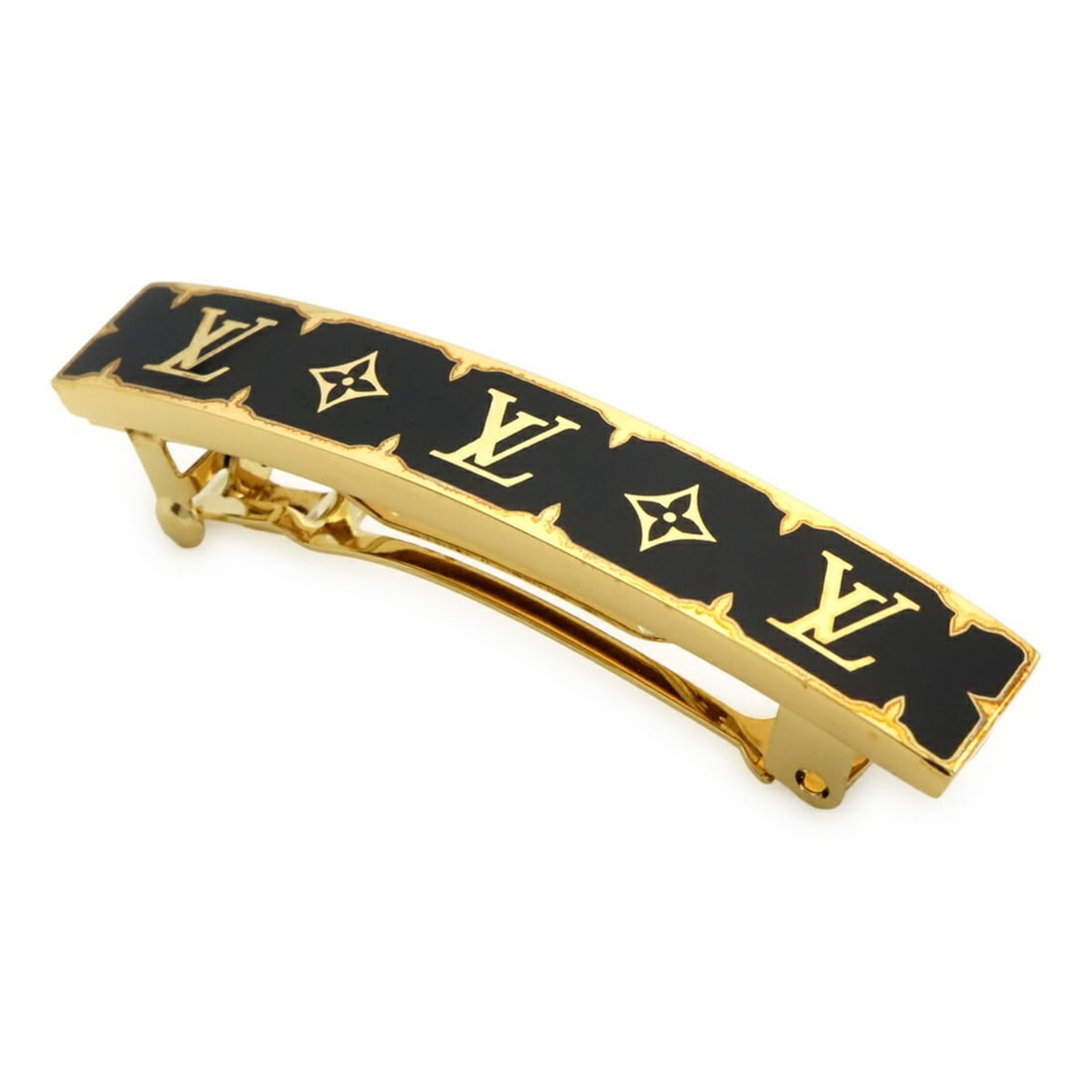 LOUIS VUITTON Nanogram Enamel Barrette Hair Clip in Black and Gold (M01826): --- Catalog ---Category: SizeSize (LxW): 9mm x 5.2cm / 0.35'' x 2.04''Category: DesignType: BarretteColor: Black, GoldGender: WomenMaterial: EnamelCategory: GeneralBrand: Louis Vuitton--- Item List --