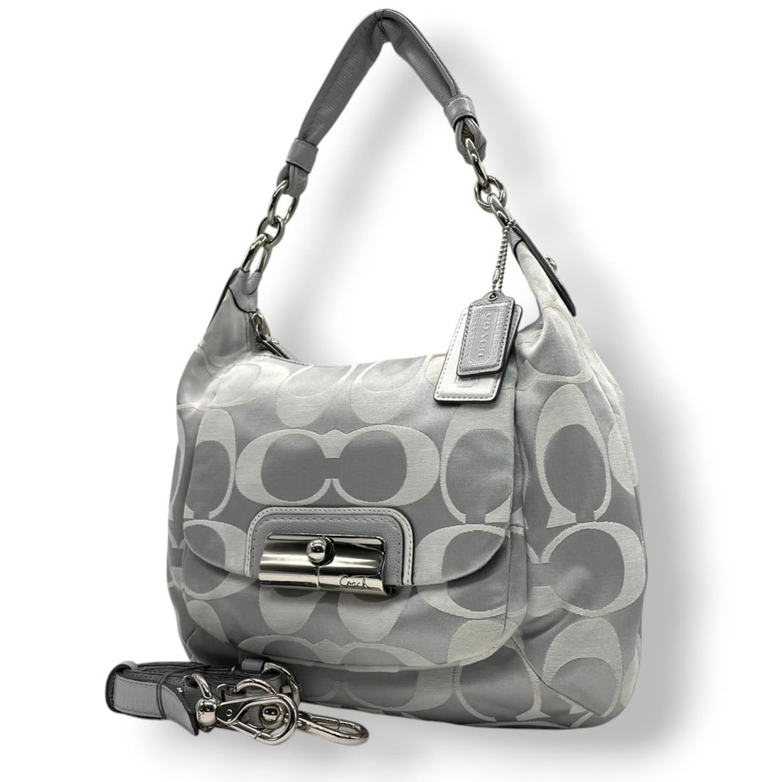 Coach Christine Op Art Shoulder Bag, Handbag, Canvas, Leather, Gray, Light Blue, 16805, Women's, E5: --- Catalog ---Category: SizeSize (HxWxD): 29cm x 34cm x 12cm / 11.41'' x 13.38'' x 4.72''Category: DesignType: Handbag, Shoulder bagColor: Gray, Light blueGender: WomenMaterial: Canvas , Leather Cate