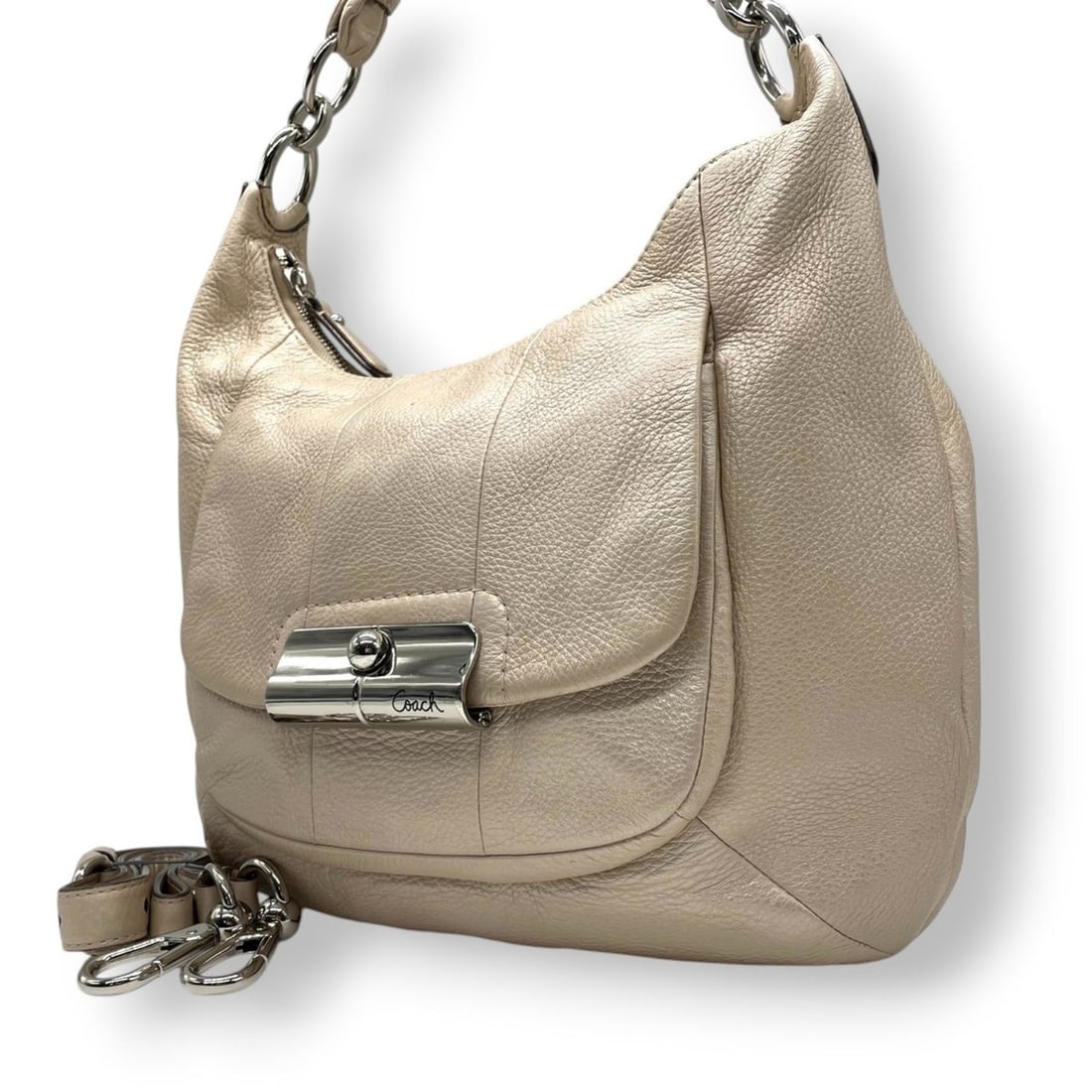 Coach Kristin Leather Hobo Shoulder Bag/Handbag in Pink Beige with Champagne Gold and Silver: --- Catalog ---Category: SizeSize (HxWxD): 28cm x 31cm x 8cm / 11.02'' x 12.2'' x 3.14''Category: DesignType: Handbag, Shoulder bagColor: Champagne gold, Pink beigeGender: WomenMaterial: Leather Categ