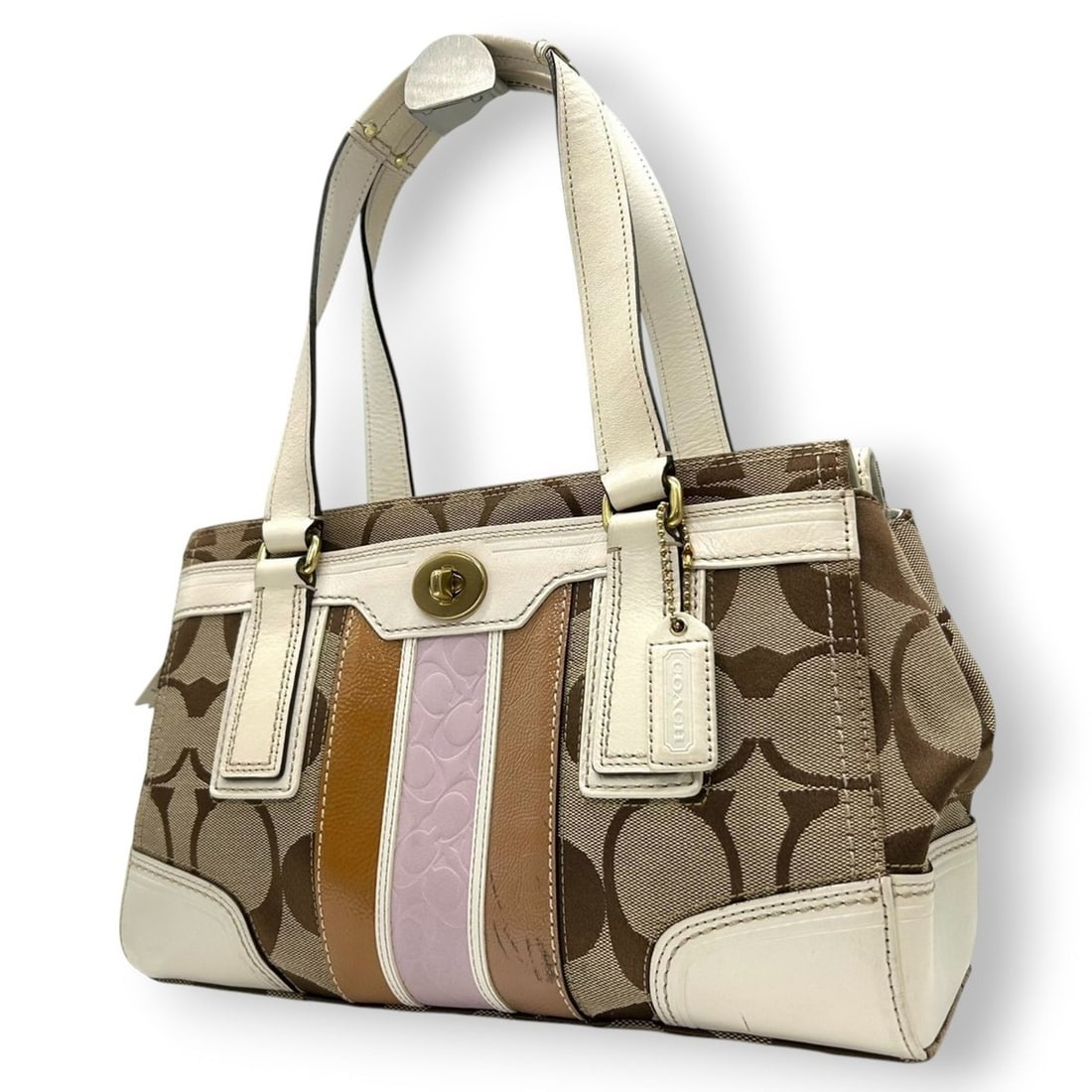 Coach Hamptons Signature Stripe Handbag Tote Bag Canvas and Leather Multicolor Women's 11620 U3: --- Catalog ---Category: SizeSize (HxWxD): 18cm x 32cm x 10cm / 7.08'' x 12.59'' x 3.93''Category: DesignType: Handbag, Tote bagColor: Brown, WhiteGender: WomenMaterial: Canvas , Leather Category: Gen