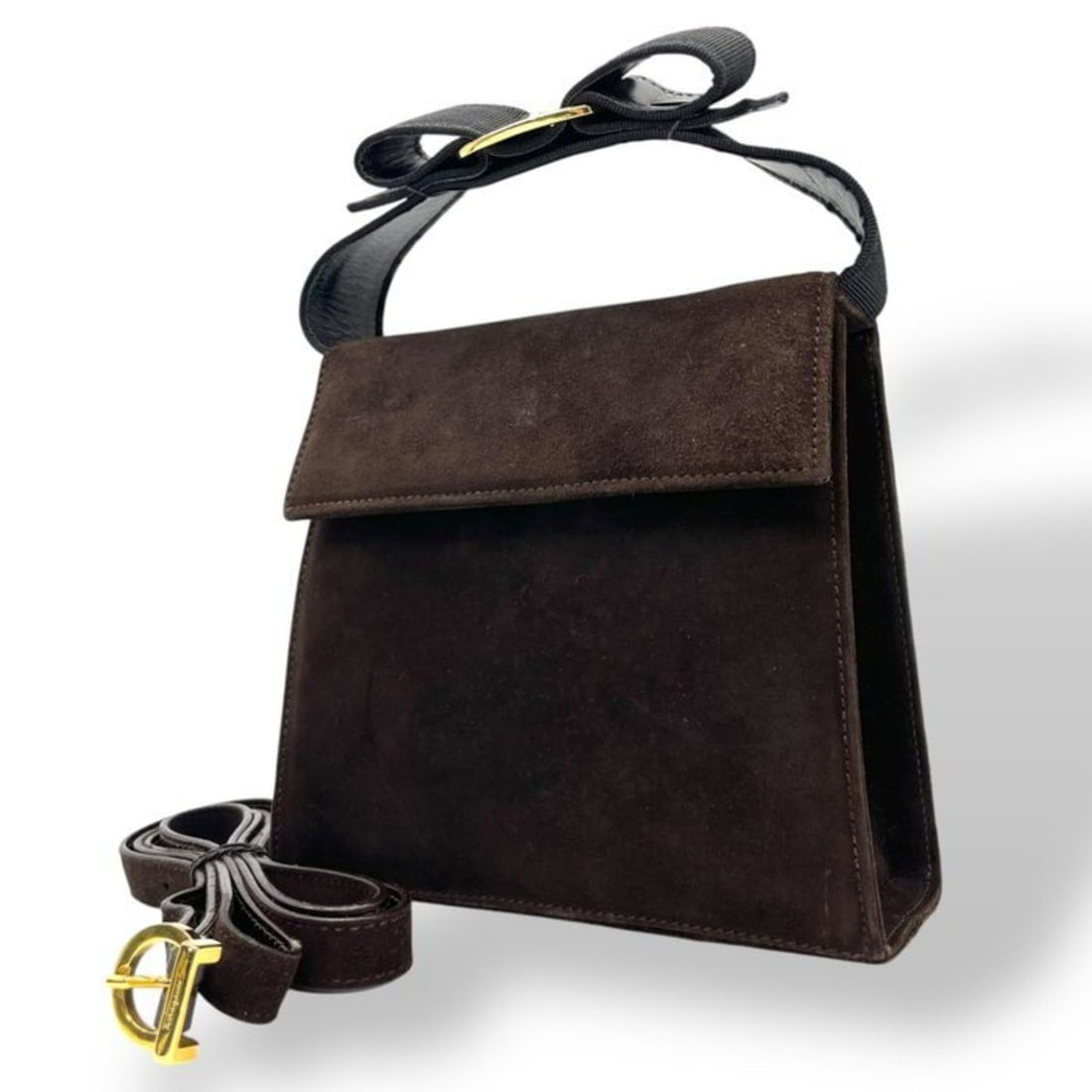 SALVATORE FERRAGAMO Ferragamo Vara Ribbon Handbag, Brown Suede with Gold Hardware, Shoulder Bag,: --- Catalog ---Category: SizeSize (HxWxD): 15cm x 17cm x 6.5cm / 5.9'' x 6.69'' x 2.55''Category: DesignType: Handbag, Shoulder bagColor: BrownGender: WomenMaterial: Suede Category: GeneralMPN: AX21Br