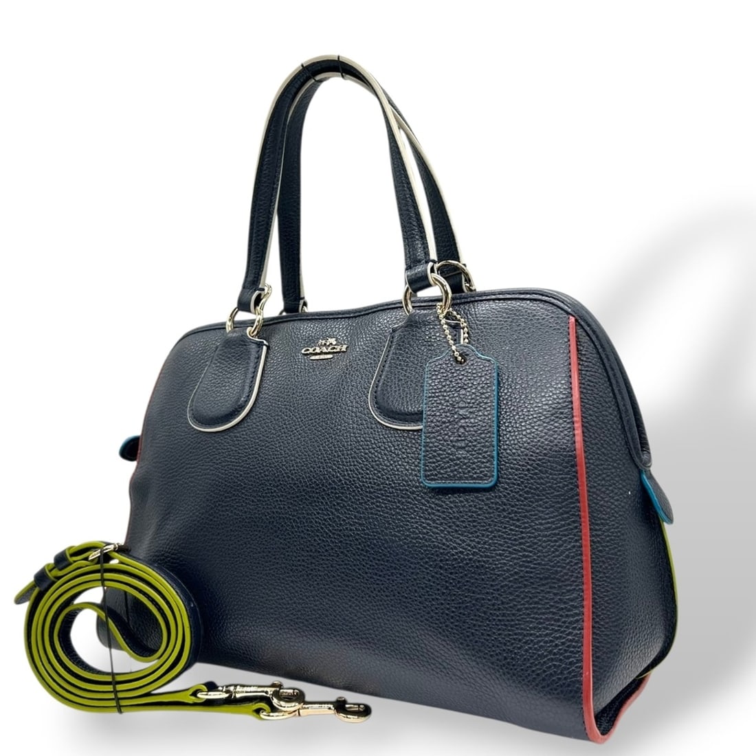 Coach Ace Satchel Handbag/Shoulder Bag in Navy Leather with Neon Yellow and Gold Hardware, 38000: --- Catalog ---Category: SizeSize (HxWxD): 20cm x 31cm x 12cm / 7.87'' x 12.2'' x 4.72''Category: DesignType: Handbag, Shoulder bagColor: Multi-color, NavyGender: WomenMaterial: Leather Category: Gene