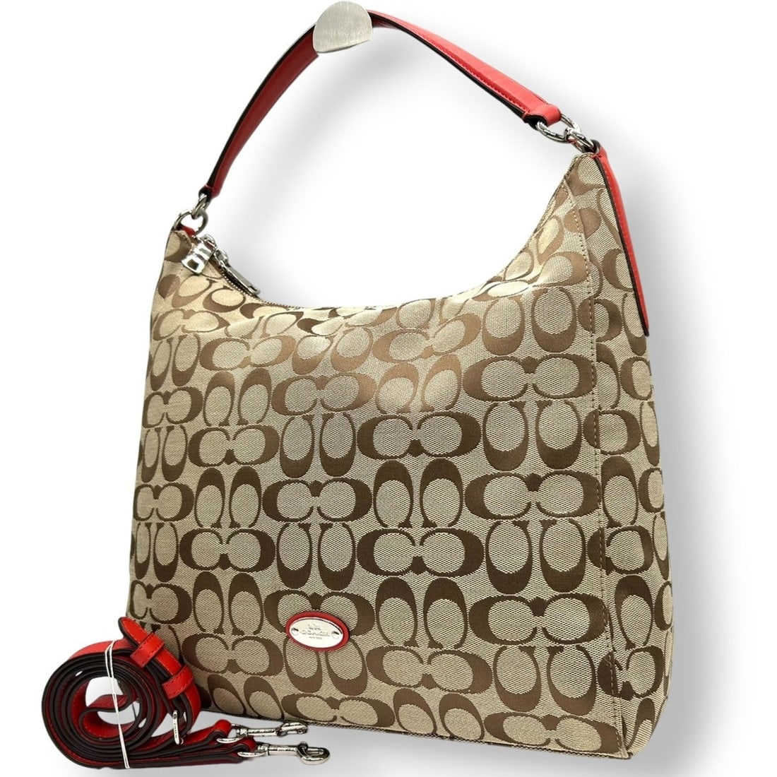 Coach Signature Shoulder Bag, Canvas and Leather, Beige Red, Hobo, Women's, F36377, C1581, s98: --- Catalog ---Category: SizeSize (HxWxD): 28cm x 31cm x 11cm / 11.02'' x 12.2'' x 4.33''Category: DesignType: Shoulder bagColor: Beige, Red colorGender: WomenMaterial: Canvas , Leather Category: Gene