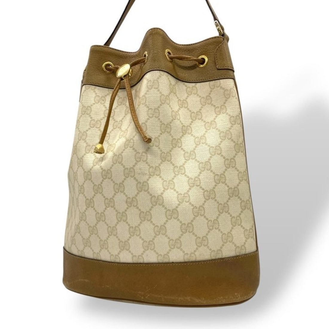 GUCCI Old Gucci GG Supreme Drawstring Shoulder Bag Leather Suede Beige Brown z1: --- Catalog ---Category: SizeSize (HxWxD): 32cm x 27cm x 15cm / 12.59'' x 10.62'' x 5.9''Category: DesignType: Shoulder bagColor: Brown, IvoryGender: WomenMaterial: PVC , Leather Category: GeneralBran