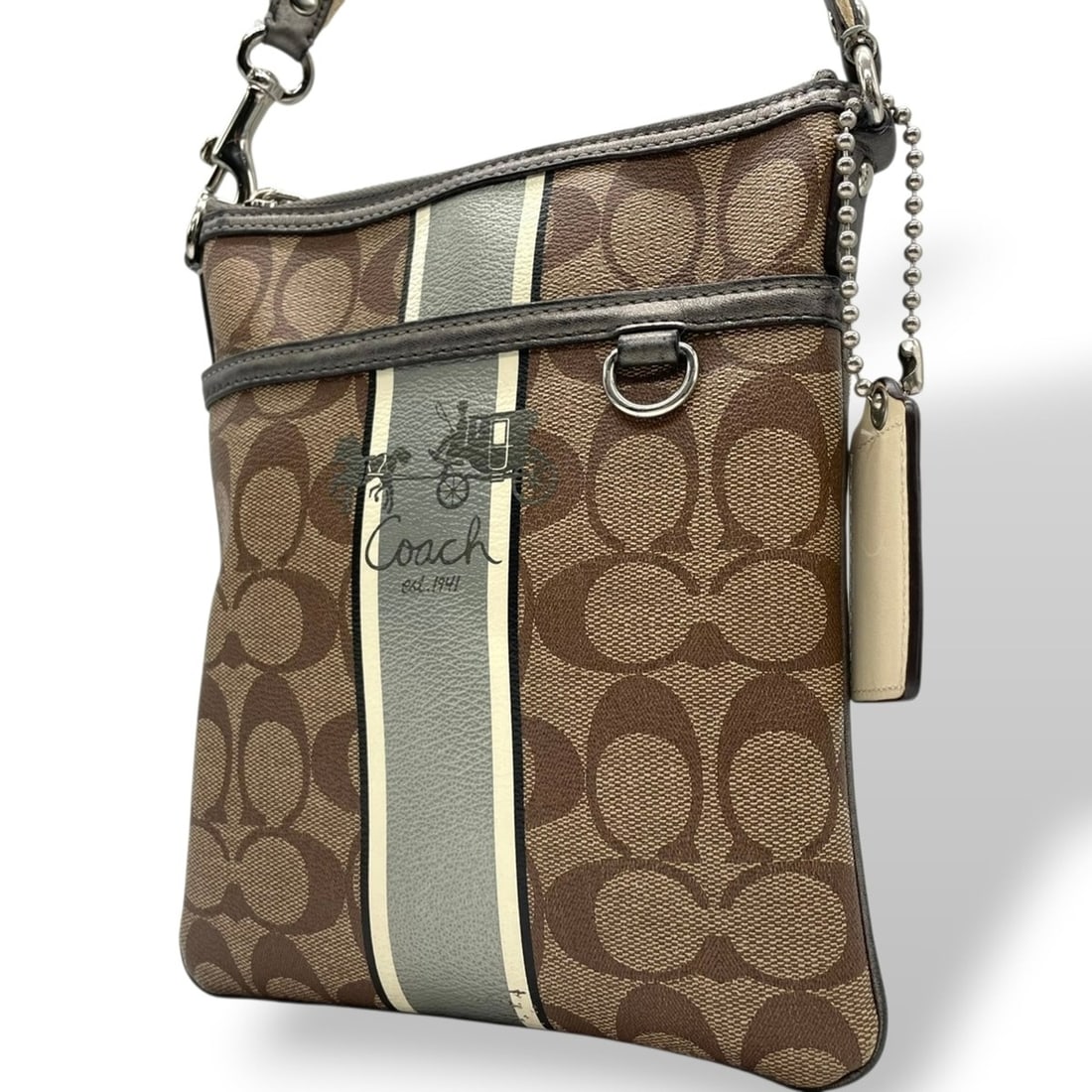 Coach Heritage Stripe Signature Shoulder/Crossbody Bag in Brown and Gray Leather with Horse-Drawn: --- Catalog ---Category: SizeSize (HxWxD): 21cm x 18cm x 5cm / 8.26'' x 7.08'' x 1.96''Category: DesignType: Shoulder bagColor: Brown, GrayGender: WomenMaterial: PVC , Leather Category: GeneralMPN: 41