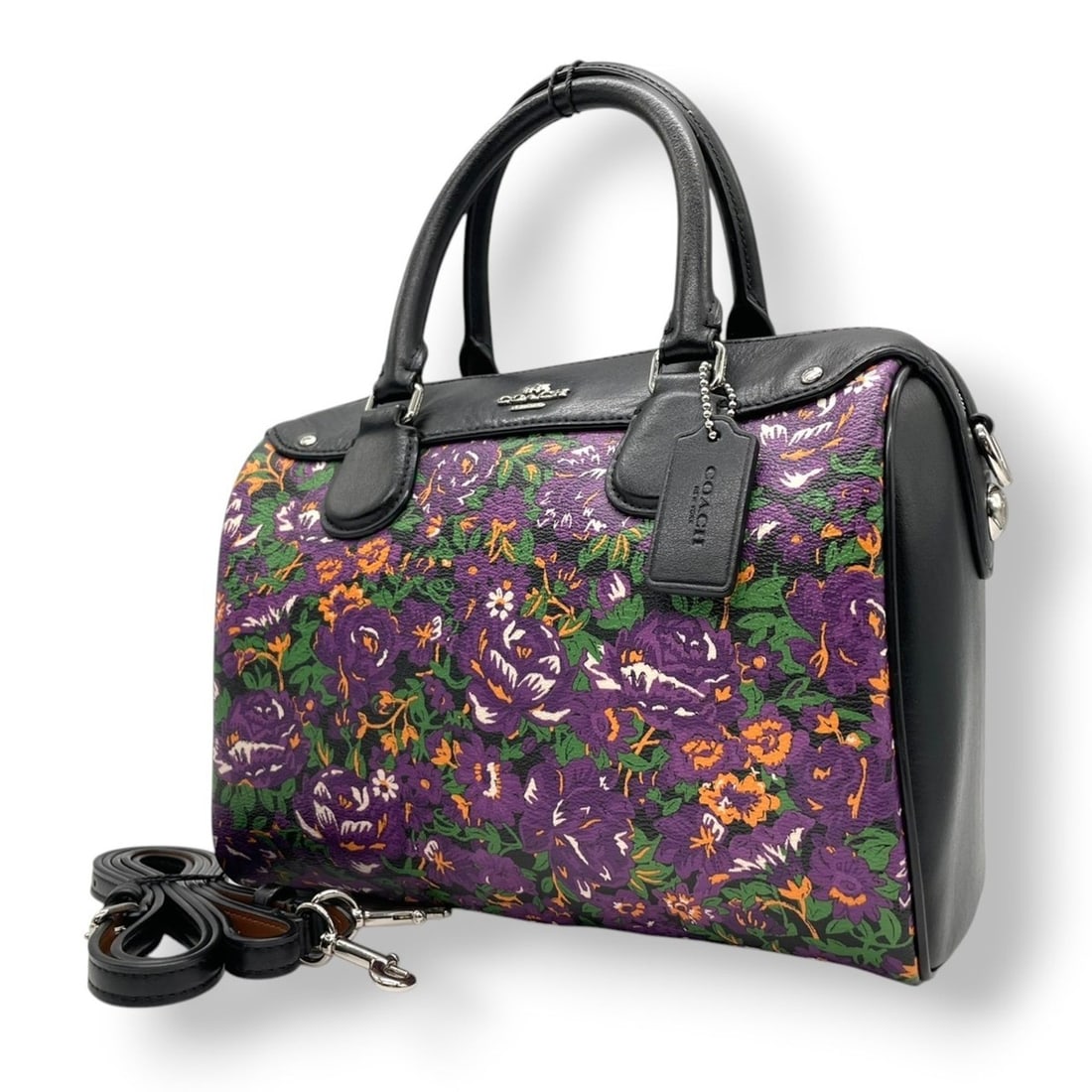 Coach Bennett Mini Satchel Shoulder Bag/Mini Boston Handbag Floral Leather Flower Women's s91: --- Catalog ---Category: SizeSize (HxWxD): 17cm x 23cm x 13cm / 6.69'' x 9.05'' x 5.11''Category: DesignType: Handbag, Shoulder bagColor: Black, Multi-color, PurpleGender: WomenMaterial: PVC , Leather