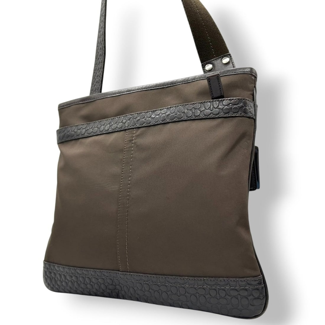 Coach Mini Signature Shoulder Bag/Crossbody Bag in Brown Nylon and Leather, F70325 J1069,: --- Catalog ---Category: SizeSize (HxWxD): 26cm x 29cm x 1cm / 10.23'' x 11.41'' x 0.39''Category: DesignType: Shoulder bagColor: Brown, Dark brownGender: Men,WomenMaterial: Nylon , Leather Category: