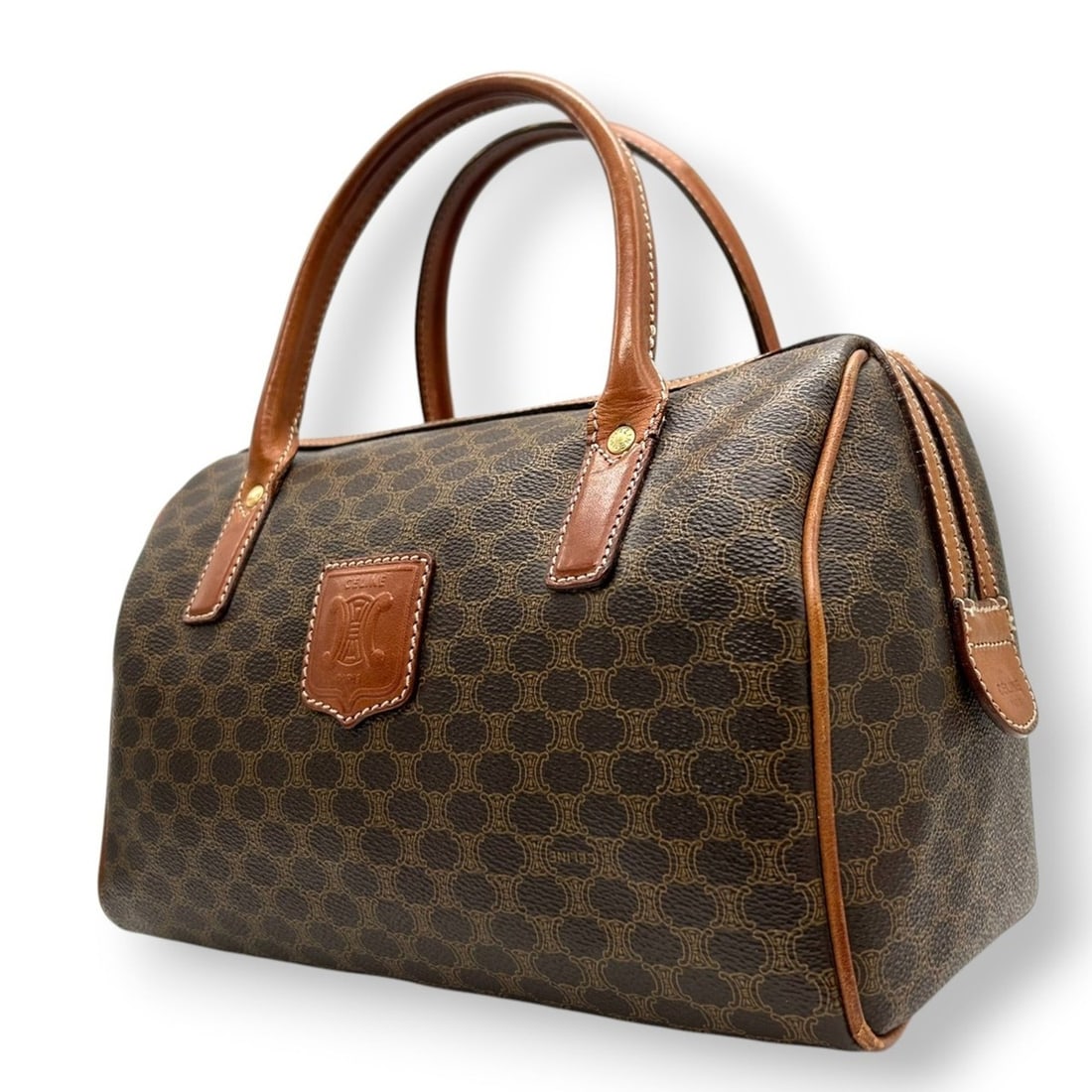 Celine Macadam Mini Boston Handbag in Brown Leather with Triomphe Blason, Old Celine, Women's, Size: --- Catalog ---Category: SizeSize (HxWxD): 16cm x 26cm x 14cm / 6.29'' x 10.23'' x 5.51''Category: DesignType: HandbagColor: Brown, CamelGender: WomenMaterial: PVC , Leather Category: GeneralBrand: Ce