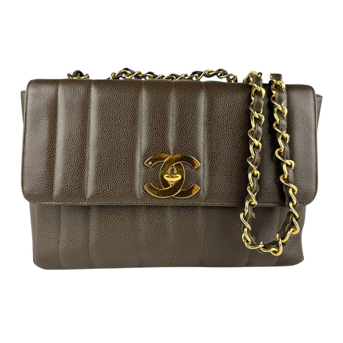 CHANEL Shoulder Bag in Caviar Leather/Metal, Brown/Gold, Women's, Z7908: --- Catalog ---Category: SizeSize (HxWxD): 21cm x 30cm x 9cm / 8.26'' x 11.81'' x 3.54''Category: DesignType: Shoulder bagColor: BrownGender: WomenMaterial: Grained Calfskin Category: GeneralBrand: Ch