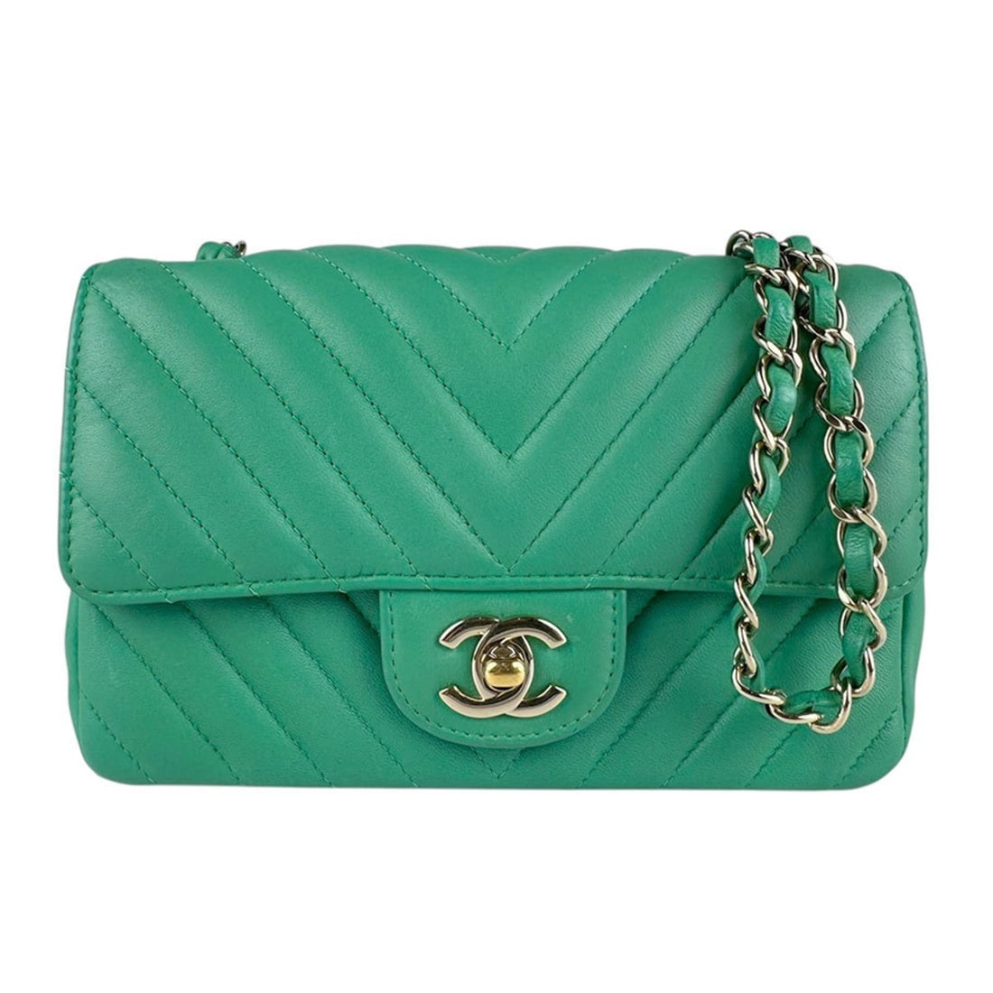 CHANEL Shoulder Bag, V-Stitch Leather, Green and Gold, Women's, z7888: --- Catalog ---Category: SizeSize (HxWxD): 12.5cm x 20cm x 6cm / 4.92'' x 7.87'' x 2.36''Category: DesignType: Shoulder bagColor: GreenGender: WomenMaterial: Leather Category: GeneralBrand: ChanelCoun