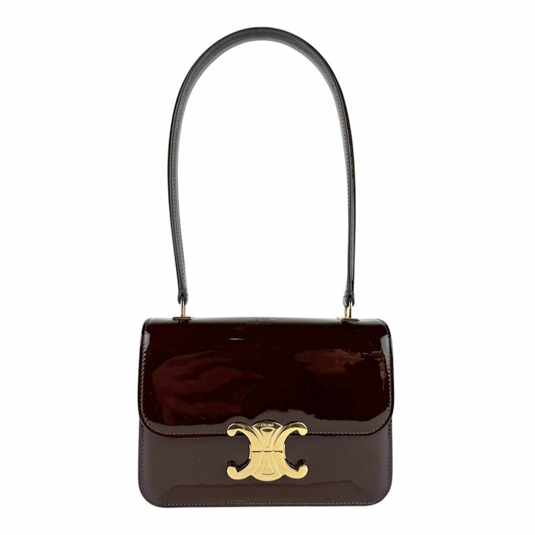 Celine Teen Garant Shoulder Bag in Brown and Gold Patent Leather, Women's, Z7887: --- Catalog ---Category: SizeSize (HxWxD): 14cm x 18cm x 6cm / 5.51'' x 7.08'' x 2.36''Category: DesignType: Shoulder bagColor: BrownGender: WomenMaterial: Patent leather Category: GeneralBrand: Celin