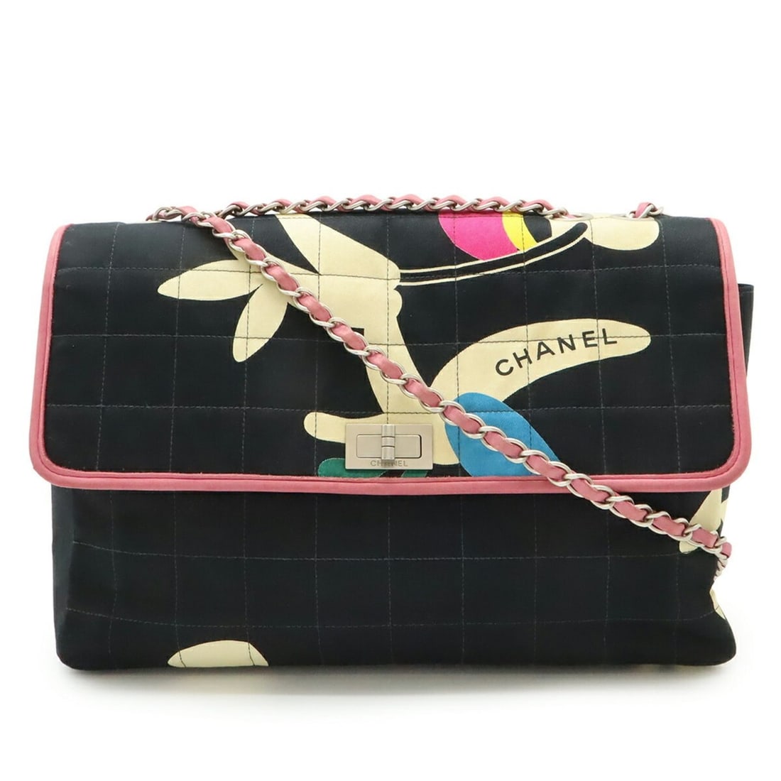 CHANEL 2.55 Chocobar Chain Shoulder Bag Canvas Cotton Leather Black Pink: --- Catalog ---Category: SizeSize (HxWxD): 21.5cm x 31cm x 6cm / 8.46'' x 12.2'' x 2.36''Strap Length: 109cm / 42.91''Category: DesignType: Shoulder bagColor: Black, Multi-color, PinkGender: WomenMate