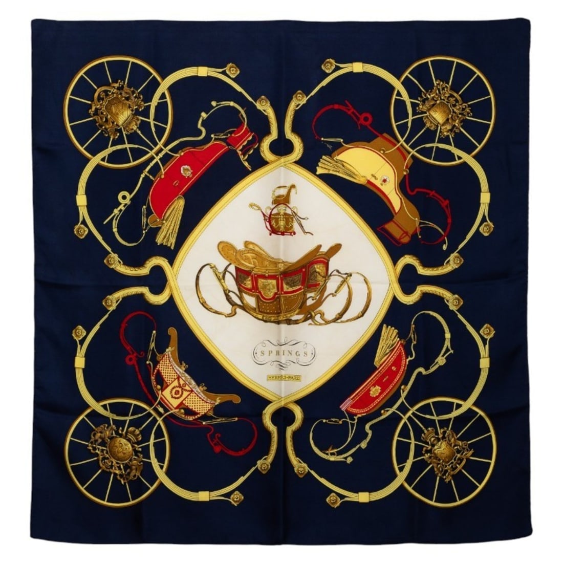 Hermes Hermès Carré 90 SPRINGS Horse-Drawn Carriage Pattern Scarf/Muffler in Navy and Multicolor: --- Catalog ---Category: SizeSize (LxW): 89cm x 86cm / 35.03'' x 33.85''Category: DesignType: ScarfColor: Multi-color, NavyGender: WomenMaterial: Silk Category: GeneralBrand: Hermes--- Item List ---Se