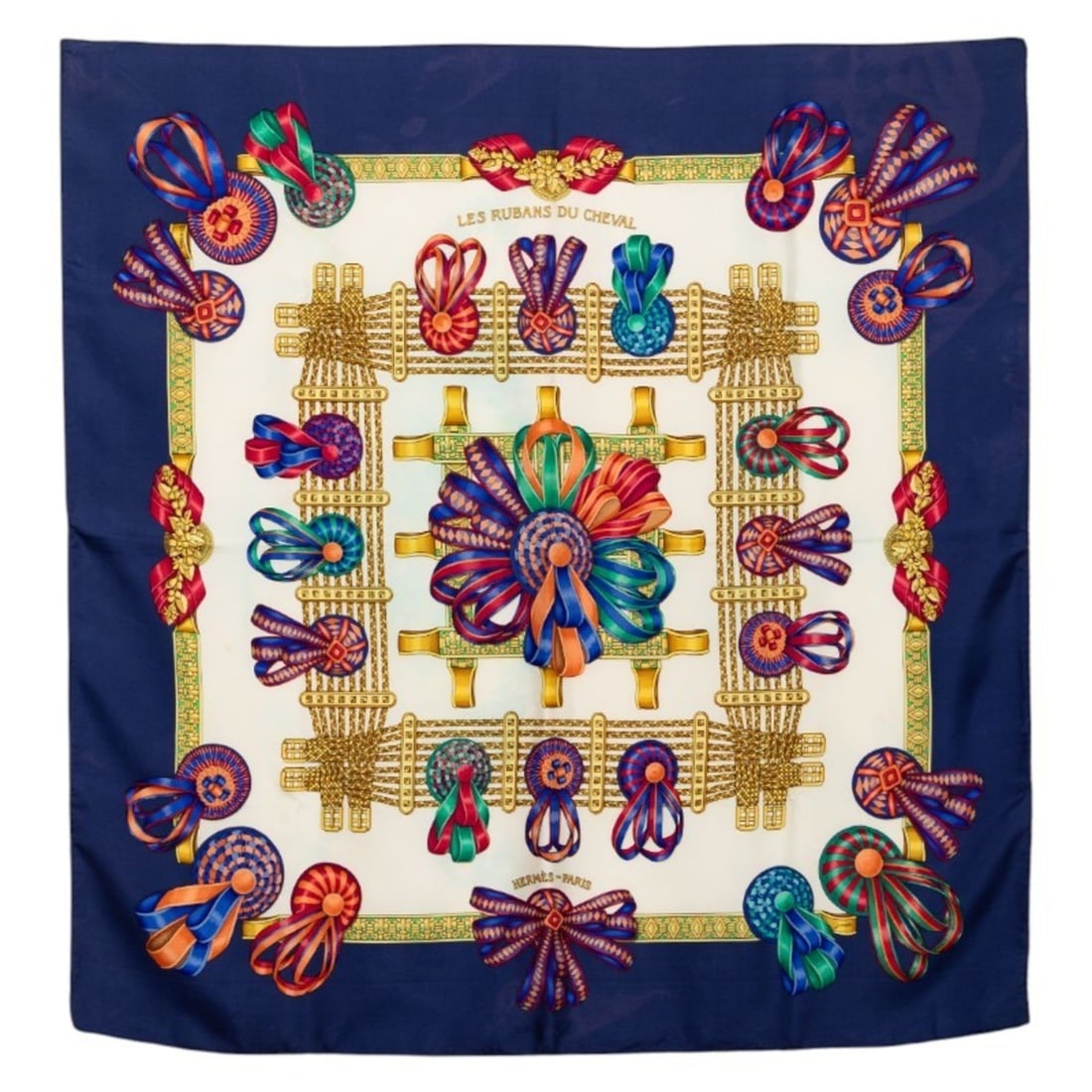 Hermes Hermès Carré 90 "Les Rubans du Cheval" Horse Ribbon Scarf, Navy and Multicolor Silk,: --- Catalog ---Category: SizeSize (LxW): 89cm x 87cm / 35.03'' x 34.25''Category: DesignType: ScarfColor: Multi-color, NavyGender: WomenMaterial: Silk Category: GeneralBrand: Hermes--- Item List ---Se