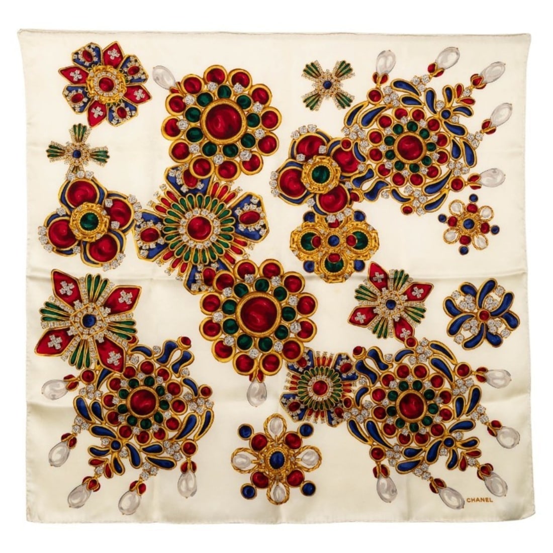 CHANEL Jewelry Jewel Pattern Scarf Muffler White Multicolor Silk Women's: --- Catalog ---Category: SizeSize (LxW): 90cm x 85cm / 35.43'' x 33.46''Category: DesignType: ScarfColor: Multi-color, WhiteGender: WomenMaterial: Silk Category: GeneralBrand: Chanel--- Item List ---S