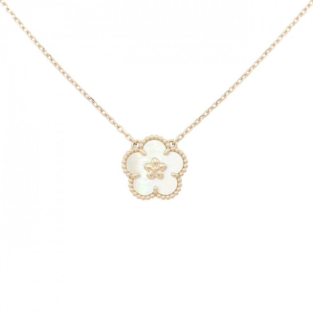 Van Cleef & Arpels Lucky Spring Plum Blossom Necklace: --- Catalog ---Category: SizePendant Size: 13.6mm x 13.9mm / 0.53'' x 0.54''Neck Circumference: 38 cm - 42 cm / 14.96'' - 16.53''Category: DesignColor: Pink goldStone: Mother of pearlGender: WomenMate