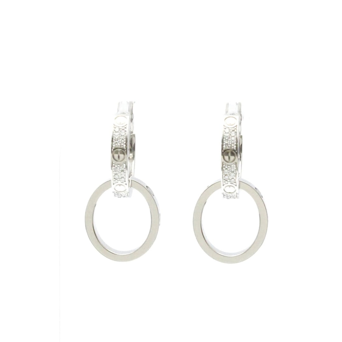 Cartier Love Earrings Multi-Wear Semi-Pavé N8515242 Diamond White Gold (18K) Drop Earrings Silver: --- Catalog ---Category: SizeWeight: 11.6g / 0.4oz.Size (HxWxD): 27.30mm x 3.30mm / 1.07'' x 0.13''Category: DesignType: Drop earringsColor: SilverMetal: White GoldStone: DiamondStyle: FashionGender: