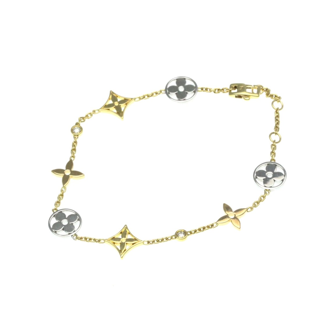 Louis Vuitton Brasserie Monogram Idylle Bracelet Yellow Gold (18K),Pink Gold (18K),White Gold (18K): --- Catalog ---Category: SizeLength: 17cm / 6.69''Weight: 7g / 0.24oz.Stone Size (HxW): 8.5mm x 8.5mm / 0.33'' x 0.33''Category: DesignType: Charm braceletColor: Gold, Pink gold, SilverMetal: Gold, Wh