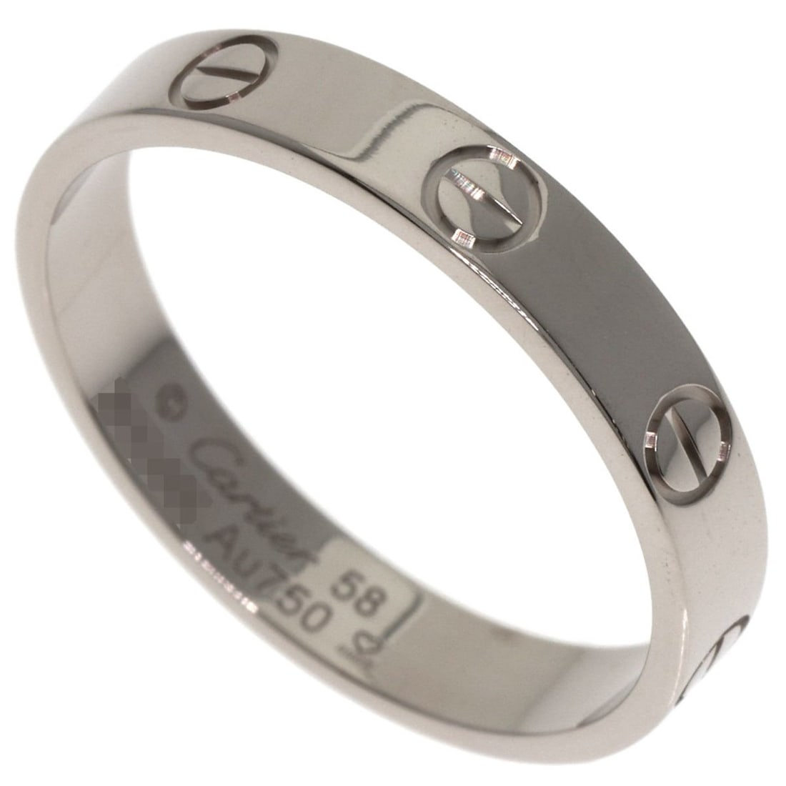 Cartier Mini Love Ring #58, 18K White Gold, Women's: --- Catalog ---Category: SizeJP Size: 18US Size: 9Category: DesignType: Band ringGender: WomenMaterial: White gold (18K)Category: GeneralBrand: Cartier--- Item List ---Section: ConditionRanking: Rank