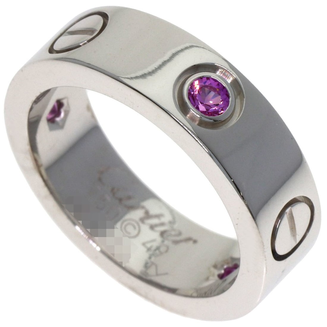 Cartier Love Ring Half Pink Sapphire #49 18K White Gold Women's: --- Catalog ---Category: SizeJP Size: 9US Size: 5Category: DesignType: Band ringStone: SapphireGender: WomenMaterial: White gold (18K)Category: GeneralBrand: Cartier--- Item List ---Section: Condition