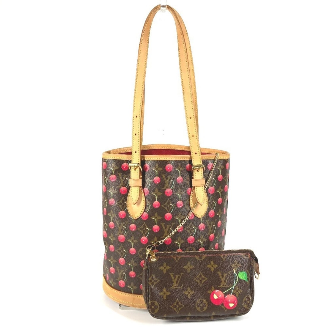 LOUIS VUITTON M95012 Monogram Cherry Bucket PM by Takashi Murakami. This shoulder bag features a: --- Catalog ---Category: SizeSize (HxWxD): 25.5cm x 22.5cm x 15.5cm / 10.03'' x 8.85'' x 6.1''Category: DesignType: Shoulder bag, Tote bagColor: Brown, Monogram Cherry, Red colorGender: WomenCategory:
