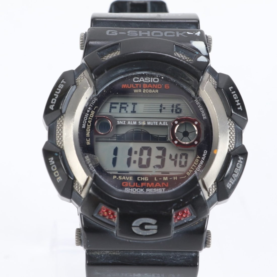 Casio G-SHOCK Gulfman GW-9110 Solar Radio-Controlled Watch, Black, Men's: --- Catalog ---Category: SizeWrist Size: 24.5cm / 9.64''Case Diameter: 45mm / 1.77''Category: DesignType: WristwatchGender: MenColor (Dial): GrayCategory: GeneralMPN: GW-9110Brand: CasioCategory: Move