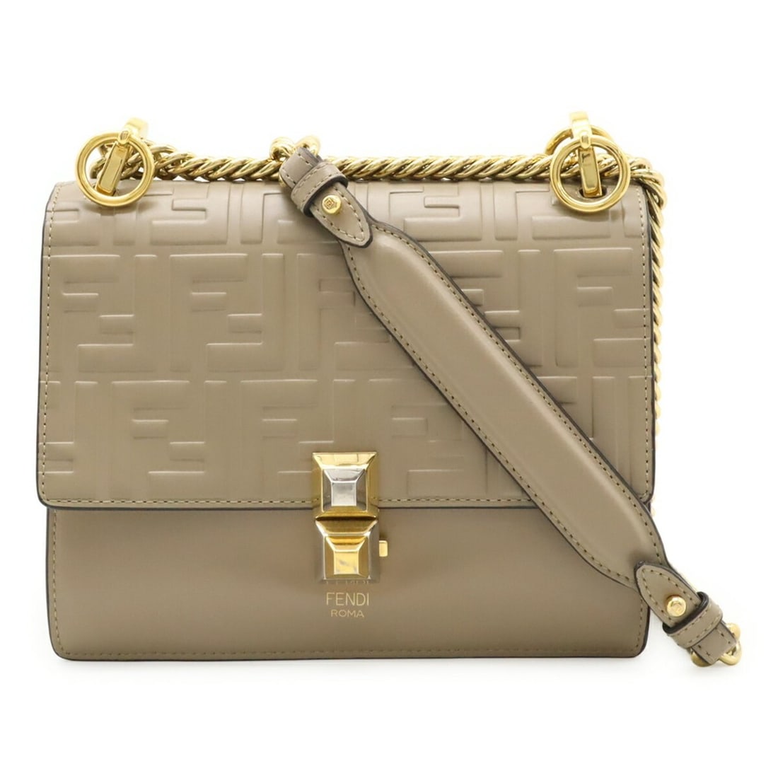 FENDI Mini Canai FF Zucca Pattern Shoulder Bag/Chain Bag/Pochette Leather Greige 8M0381: --- Catalog ---Category: SizeSize (HxWxD): 16cm x 19cm x 8.5cm / 6.29'' x 7.48'' x 3.34''Category: DesignType: Pochette, Shoulder bagColor: Black, GrayishGender: WomenMaterial: Zucca Category: General