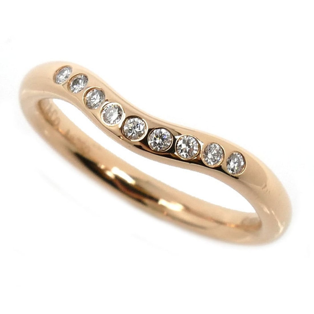 TIFFANY & Co. 18KPG Pink Gold Curved Band 9-Piece Diamond Ring, Size 6.5, 2.4g, Women's: --- Catalog ---Category: SizeUS Size: 3.5Brand Size: 46.5Category: DesignType: Band ringColor: Pink goldStone: DiamondGender: WomenMaterial: Pink gold (18K)Weight (ct.): 0.06Category: GeneralBrand: Ti