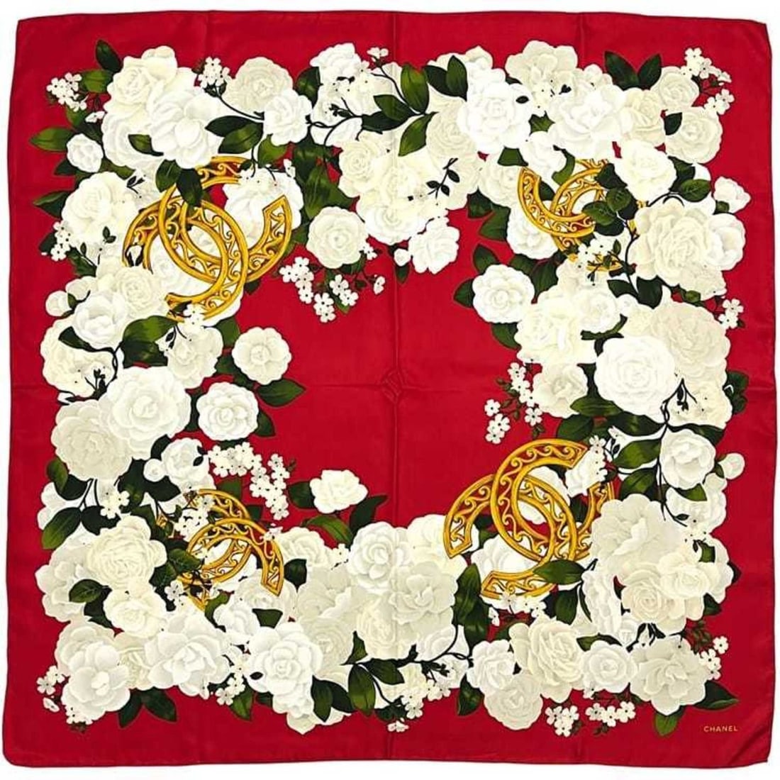 Chanel scarf/muffler ec-24762, red and white silk, CHANEL camellia, Coco mark, large, women's, (1 of 10)