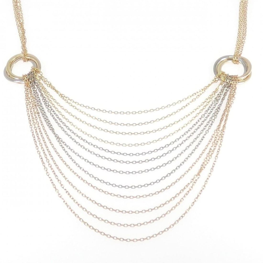 Cartier Trinity Drape Necklace: --- Catalog ---Category: SizeWidth: 1.6mm / 0.06''Weight: 35.7g / 1.25oz.Pendant Size: 69.5mm / 2.73''Neck Circumference: 43 cm / 16.92''Category: DesignGender: WomenMaterial: Pink gold (18K), White