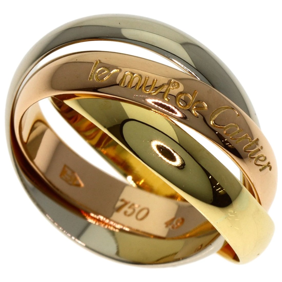 Cartier Trinity #49 Ring, 18K Yellow Gold/18KWG/18KPG, Women's: --- Catalog ---Category: SizeJP Size: 9US Size: 5Category: DesignType: Band ringGender: WomenMaterial: Pink gold (18K), White gold (18K), Yellow gold (18K)Category: GeneralBrand: Cartier--- Item List