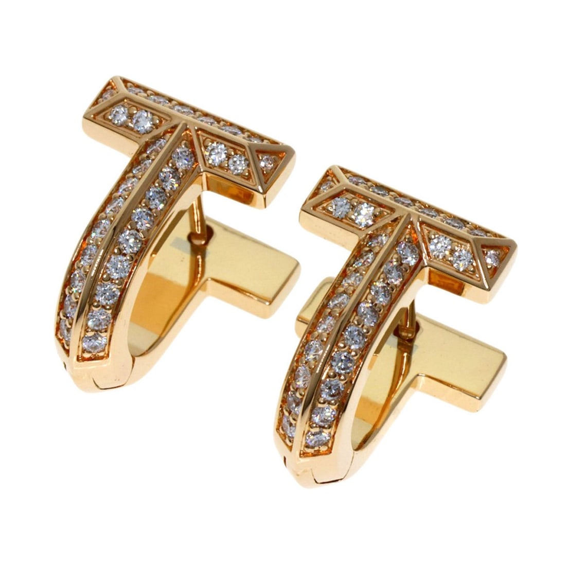 Tiffany & Co. T One Half Pavé Diamond Huggie Earrings in 18K Pink Gold for Women.: --- Catalog ---Category: SizeWeight: 7.6g / 0.26oz.Size (HxWxD): 13.40mm x 9.80mm / 0.53'' x 0.39''Category: DesignType: Stud earringsColor: PinkMetal: GoldStone: DiamondGender: WomenMetal Purity: 18K