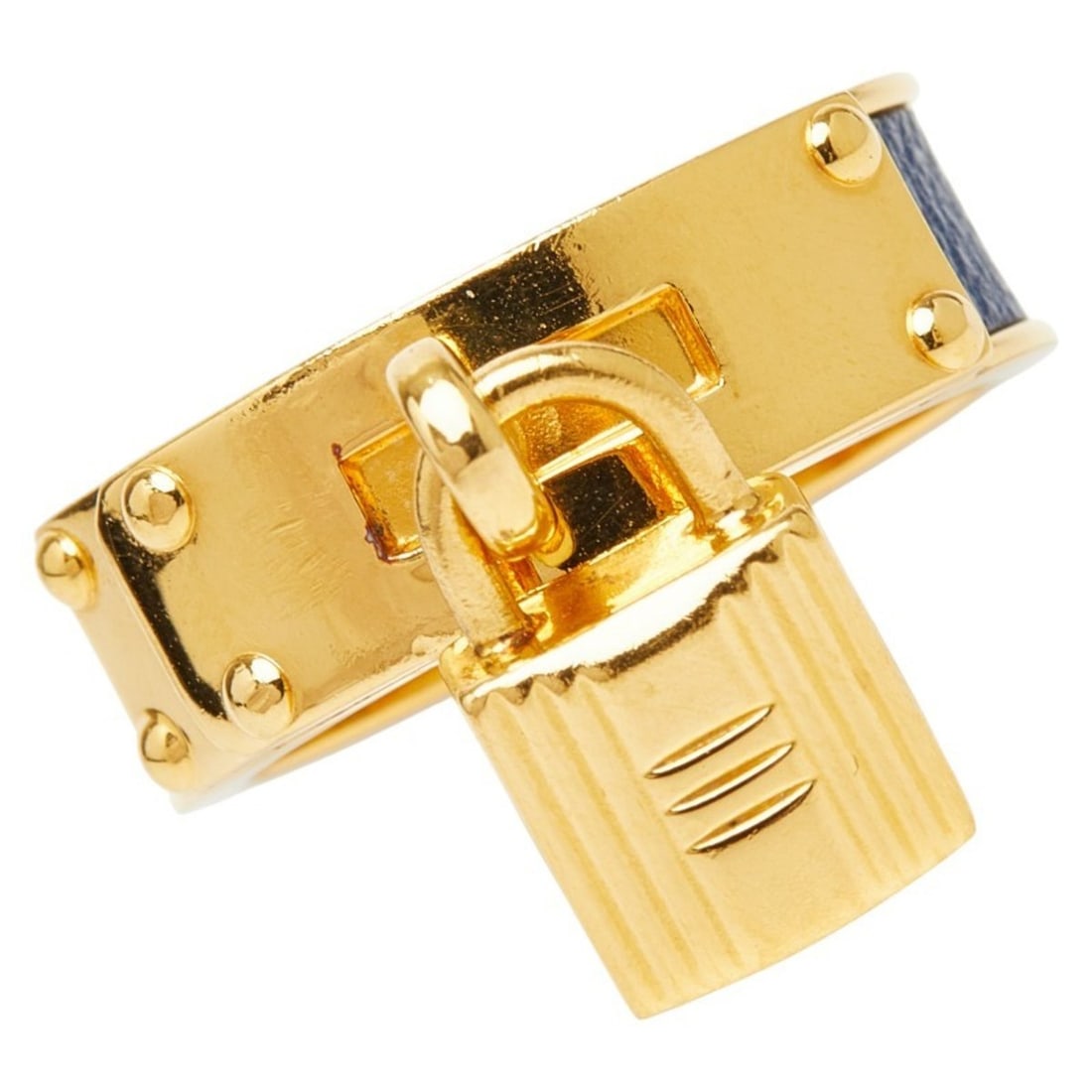 Hermes Kelly Cadena Motif Scarf/Muffler Ring, Gold and Blue Plated Leather, Women's, HERMES: --- Catalog ---Category: DesignType: Scarf ringColor: Blue, GoldGender: WomenMaterial: Leather Category: GeneralBrand: HermesCategory: Physical PropertiesSize (HxWxD): 7.80mm x 2.48cm / 0.3'' x 0.97''