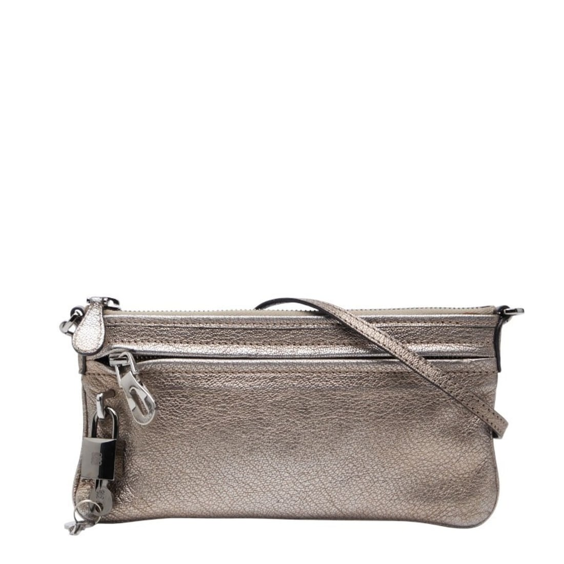 LOEWE shoulder bag gold leather women's: --- Catalog ---Category: SizeSize (HxWxD): 11cm x 21.5cm x 1cm / 4.33'' x 8.46'' x 0.39''Category: DesignType: Shoulder bagColor: GoldGender: WomenMaterial: Leather Category: GeneralBrand: Loewe--- It