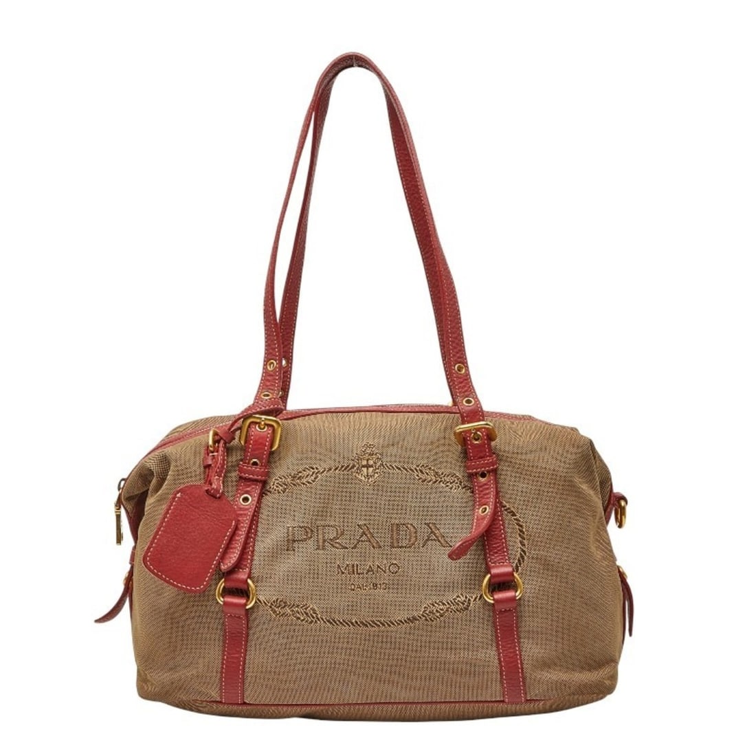 Prada Logo Jacquard One-Shoulder Bag in Beige and Red Canvas Leather for Women: --- Catalog ---Category: SizeSize (HxWxD): 20cm x 32cm x 12cm / 7.87'' x 12.59'' x 4.72''Category: DesignType: Shoulder bagColor: Beige, Red colorGender: WomenMaterial: Canvas , Leather Category: Gene