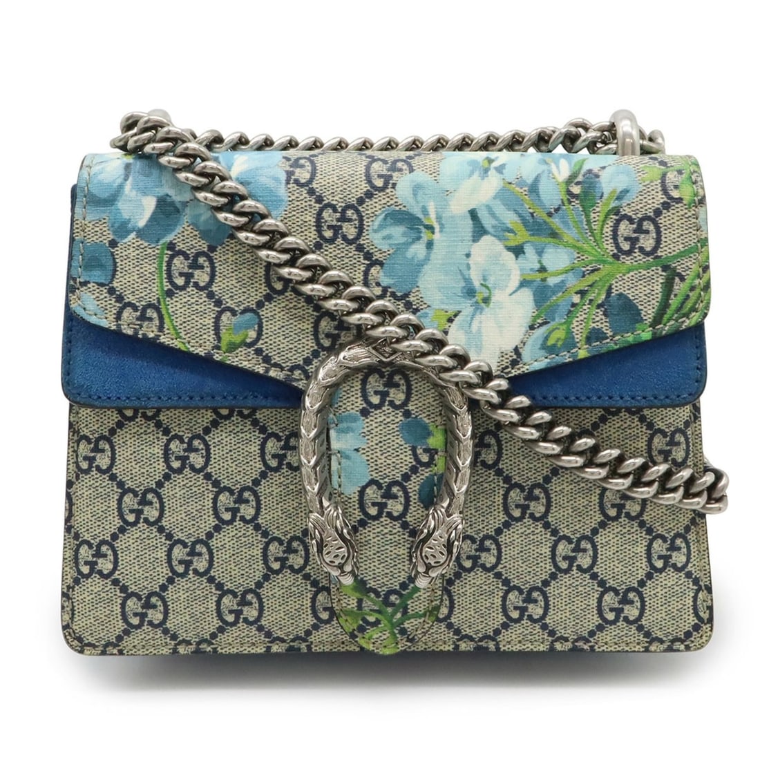 GUCCI Dionysus GG Blooms Chain Shoulder Bag with Tiger Head Design in PVC, Beige and Blue: --- Catalog ---Category: SizeSize (HxWxD): 15.5cm x 20cm x 5cm / 6.1'' x 7.87'' x 1.96''Category: DesignType: Shoulder bagColor: Beige, Blue, Multi-colorGender: WomenMaterial: PVC Category: GeneralMPN