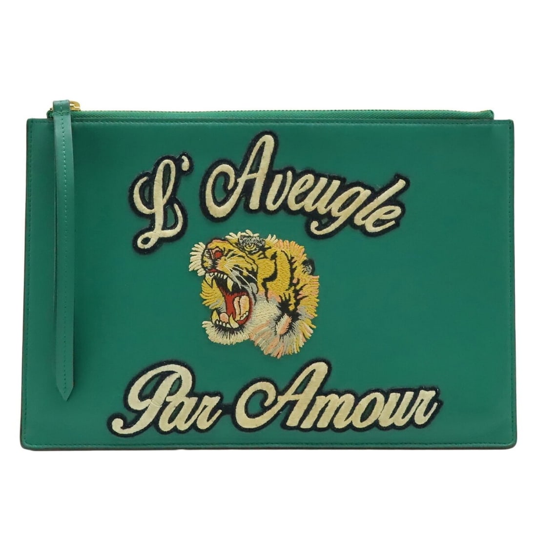 GUCCI Embroidered Tiger Clutch Bag/Second Bag in Green Leather (Product Code: 431416): --- Catalog ---Category: SizeSize (HxWxD): 20cm x 30cm / 7.87'' x 11.81''Category: DesignType: Clutch bagColor: GreenGender: WomenMaterial: Leather Category: GeneralMPN: 431416Brand: GucciCountry of O