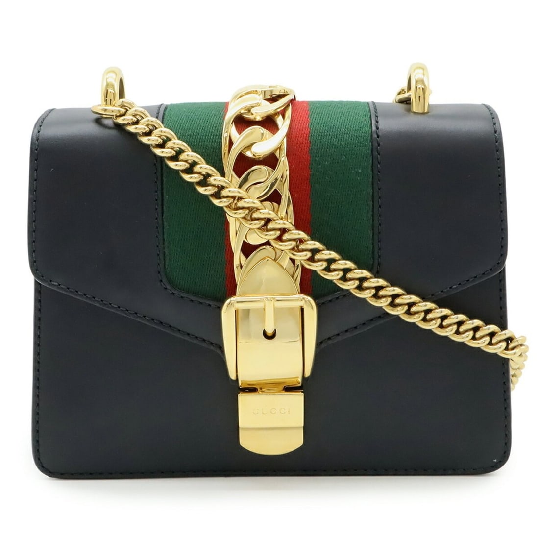 GUCCI Sylvie Web Line Ribbon Mini Chain Shoulder Bag/Pochette in Black Leather (Product Code:: --- Catalog ---Category: SizeSize (HxWxD): 14.5cm x 18.5cm x 7cm / 5.7'' x 7.28'' x 2.75''Category: DesignType: Pochette, Shoulder bagColor: Black, Green, Red colorGender: WomenMaterial: Leather Categ