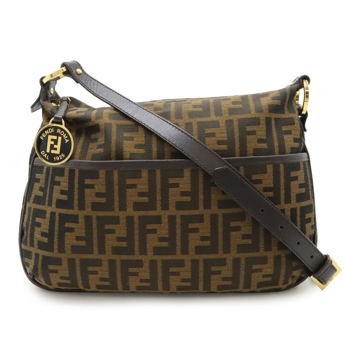FENDI Zucca pattern shoulder bag in nylon canvas and leather, khaki brown dark brown, 8BT190: --- Catalog ---Category: SizeSize (HxWxD): 23cm x 32cm x 3.5cm / 9.05'' x 12.59'' x 1.37''Category: DesignType: Shoulder bagColor: Dark brown, Khaki brownGender: WomenMaterial: Leather , Nylon canvas