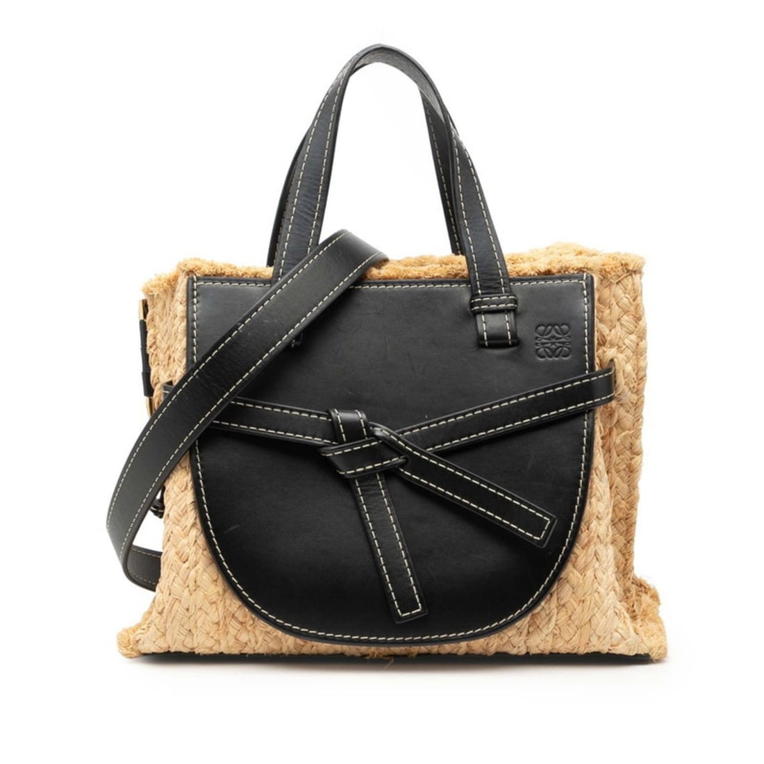 LOEWE Anagram Gate Small Handbag, Top Handle, Shoulder Bag, 2-Way, Black, Beige, Leather, Raffia,: --- Catalog ---Category: SizeSize (HxWxD): 24cm x 30cm x 15cm / 9.44'' x 11.81'' x 5.9''Category: DesignType: Handbag, Shoulder bagColor: Beige, BlackGender: WomenMaterial: Raffia , Leather Category: