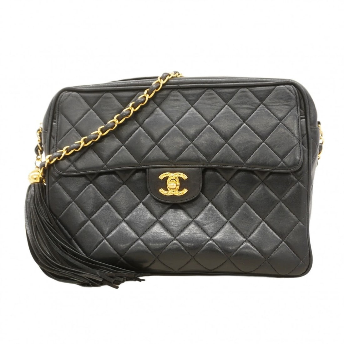 Chanel Shoulder Bag with Matelasse Chain Bag, Lambskin, Black, Women's: --- Catalog ---Category: SizeSize (HxWxD): 20cm x 27cm x 7.5cm / 7.87'' x 10.62'' x 2.95''Category: DesignType: Shoulder bagColor: BlackGender: WomenMaterial: Leather Hardware Color: GoldLeather/Fur T