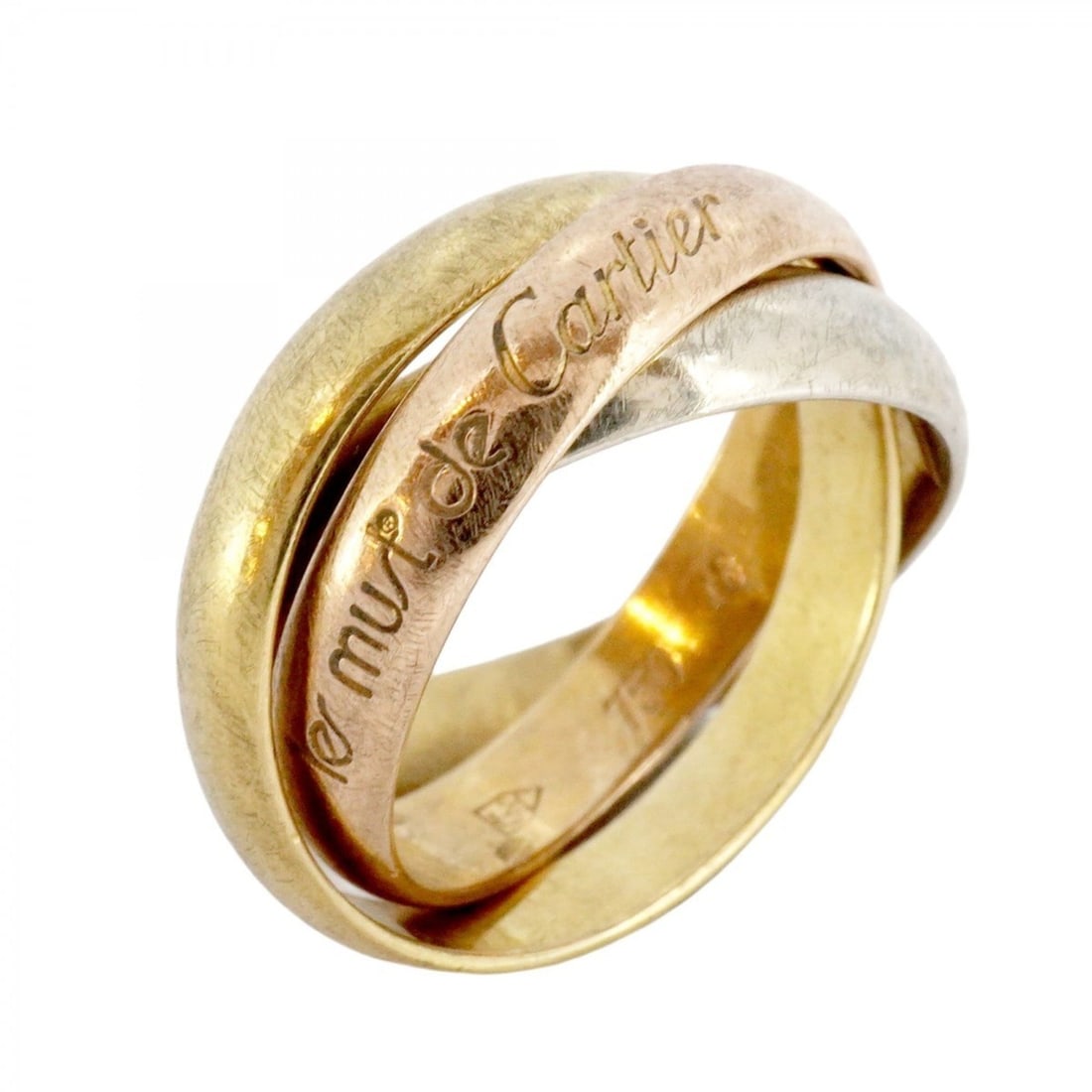 Cartier Trinity Ring, Classic Model, 18K Yellow Gold, White Pink #48, Women's: --- Catalog ---Category: SizeUS Size: 4.5Brand Size: 48Category: DesignType: Band ringGender: WomenMaterial: Pink gold (18K), White gold (18K), Yellow gold (18K)Category: GeneralBrand: Cartier--- Item